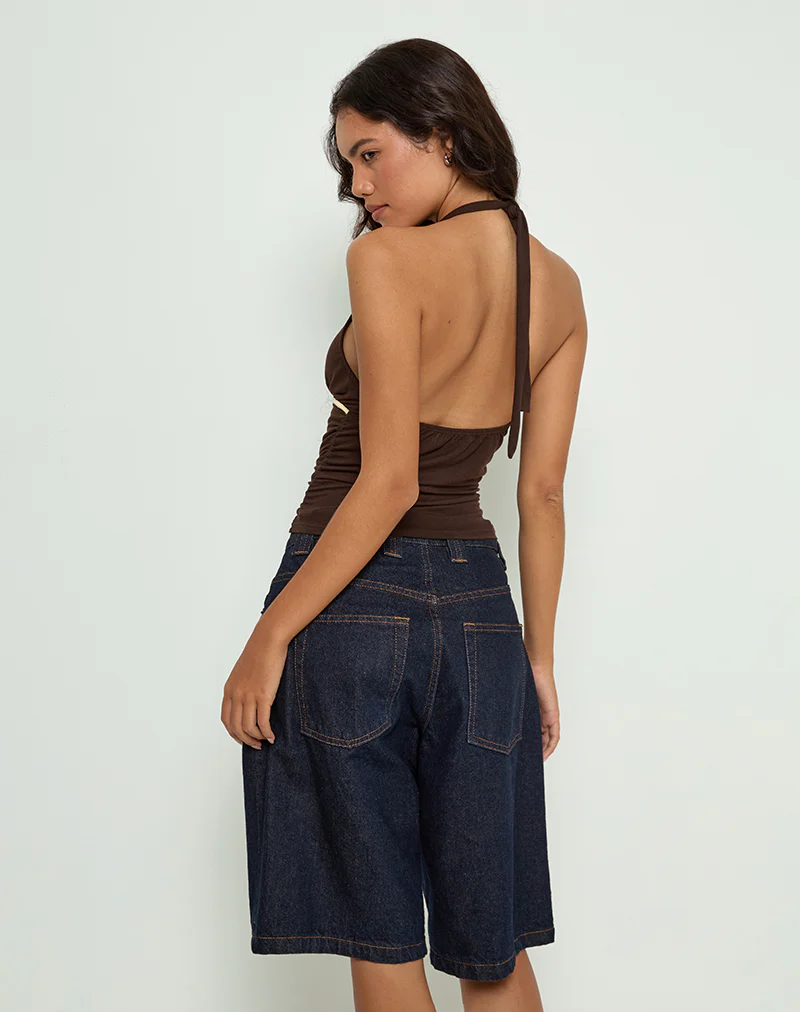 Abeth Halterneck Top in Chocolate Brown with Lemon Piping