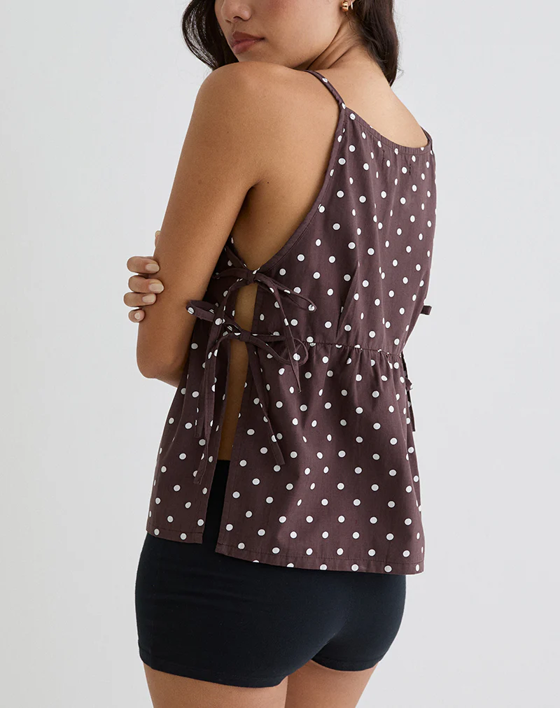Palsi Tie Side Top in Brown with Medium Polka White