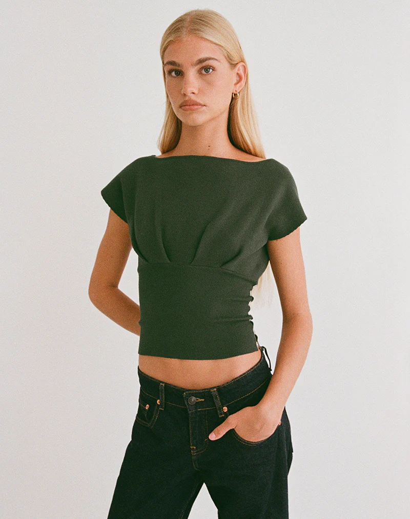 Elin Top in Knit Khaki with Pearl Buttons