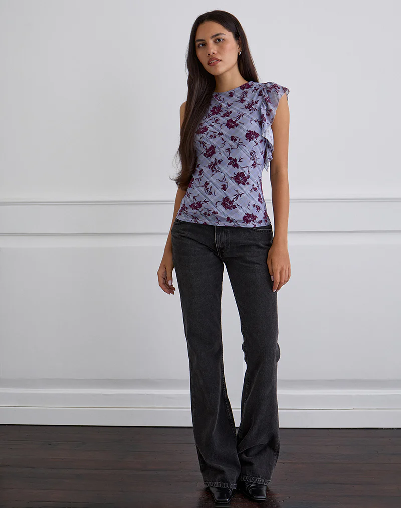 Soyan Asymmetrical Top in Lotus Flock Check Lavender