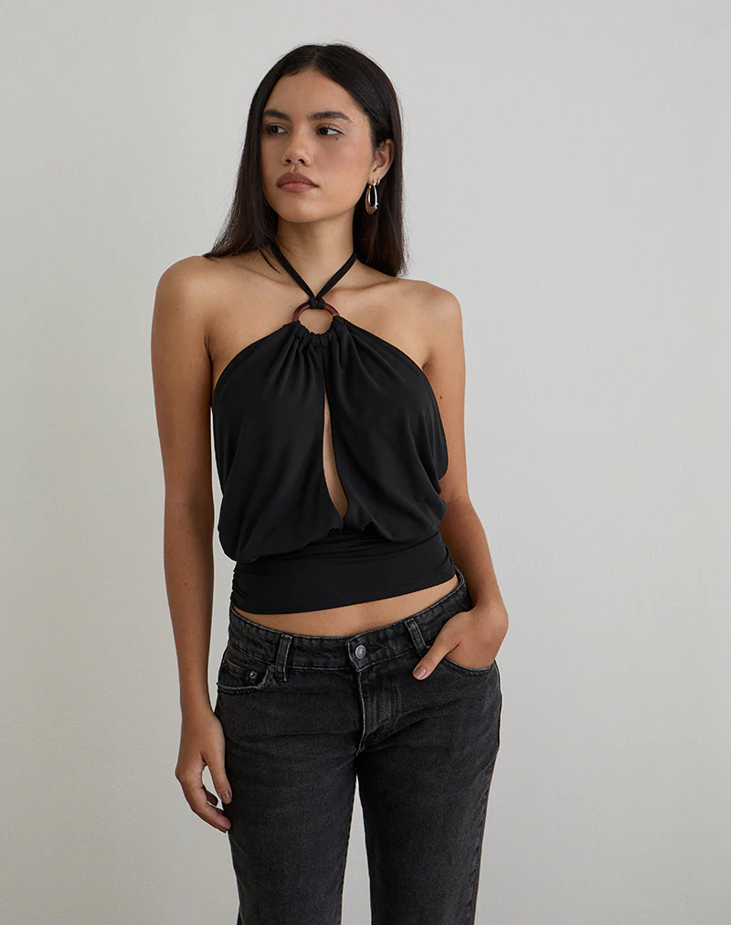 Karise Plunge Top in Cupro Black
