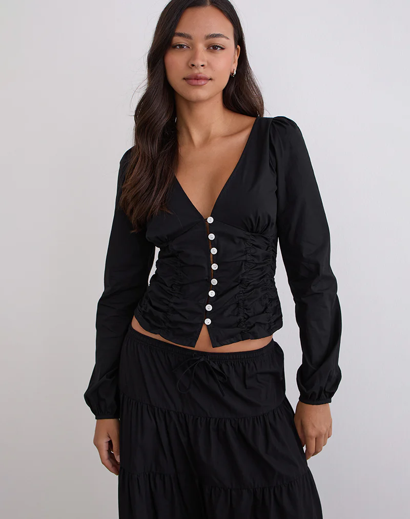 Kadek Fitted Plunge Blouse in Poplin Black