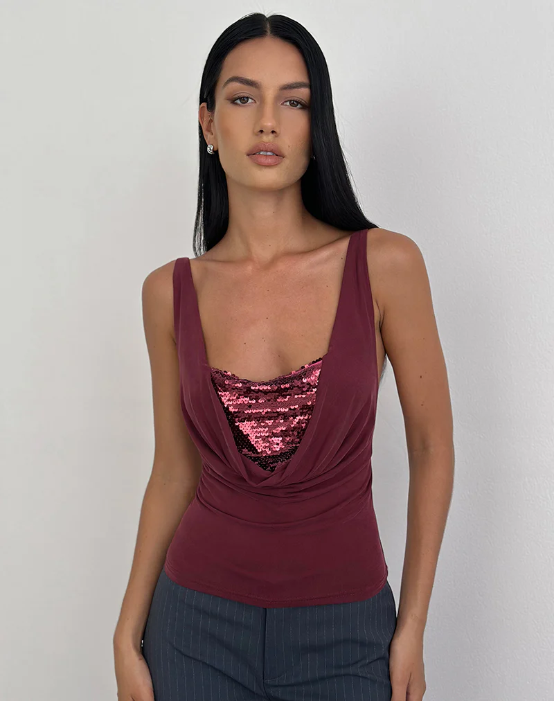 Janice Top in Sequin Jersey Burgundy
