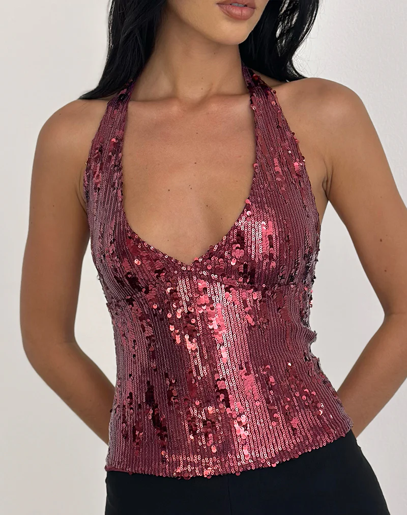 Cosio Halter Top in Mix Sequin Maroon