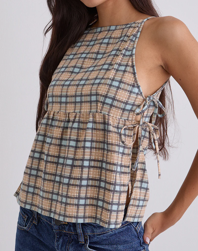 Palsi Loose Sleeveless Top in Pastel Blue Tartan