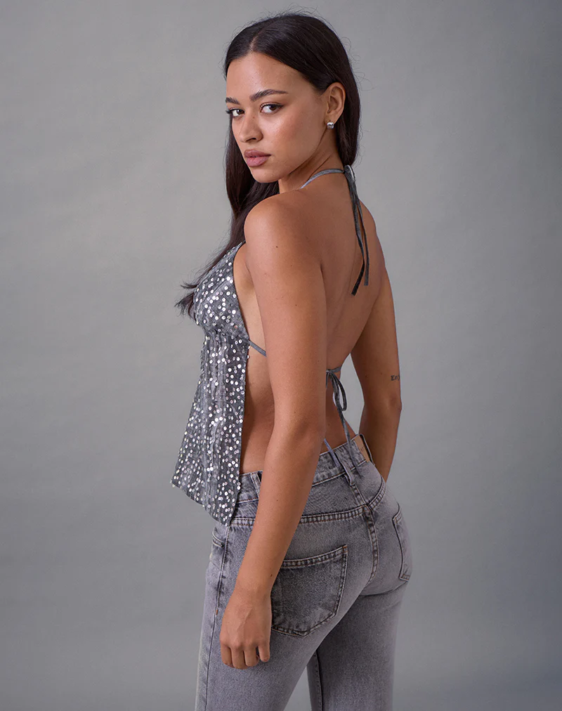 Rafina Halter Top in Chiffon Sequin Grey