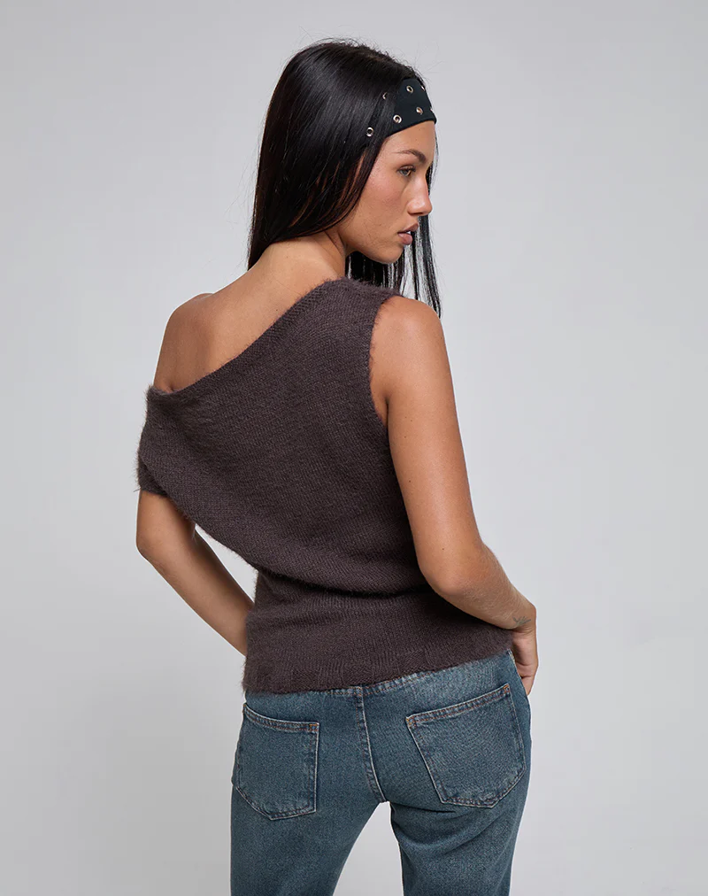 Calyce Off Shoulder Top in Fluffy Knit Dark Brown