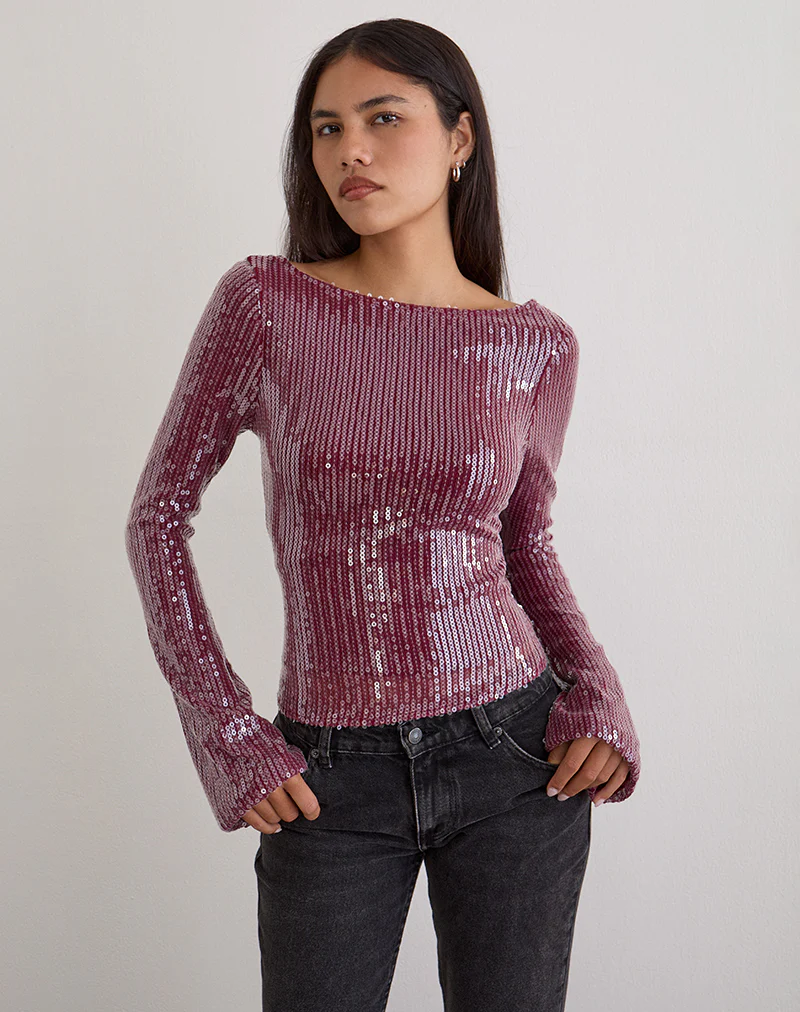 Jalwa Long Sleeve Top in Sequin Maroon
