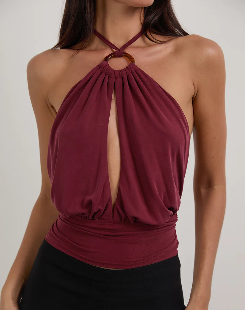 Karise Plunge Top in Cupro Dark Red