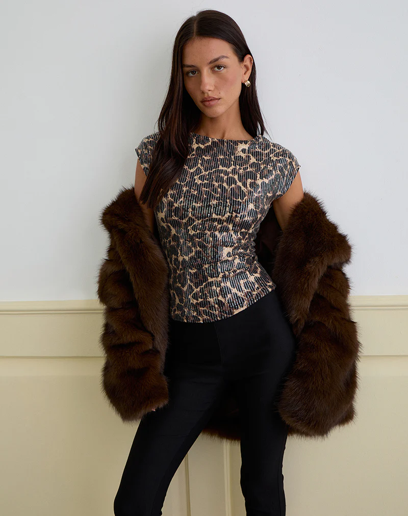 Noera Backless Top in Leopard Sequin Brown