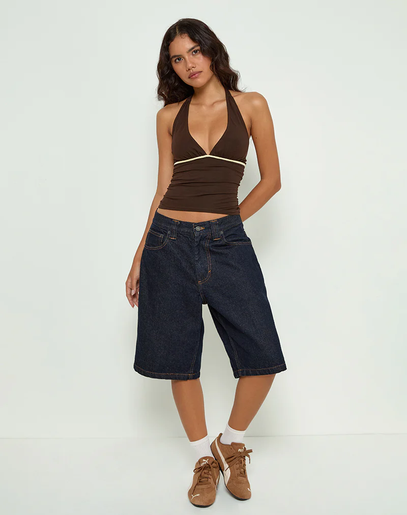 Abeth Halterneck Top in Chocolate Brown with Lemon Piping