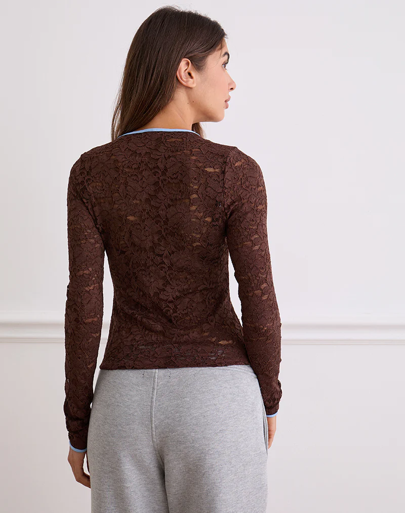 Abon Long Sleeve Top in Lace Brown with Blue Binding