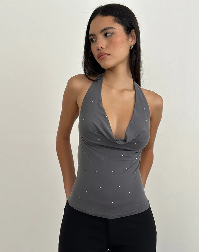 Minova Cowl Neck Top in Cupro Diamante Dark Grey
