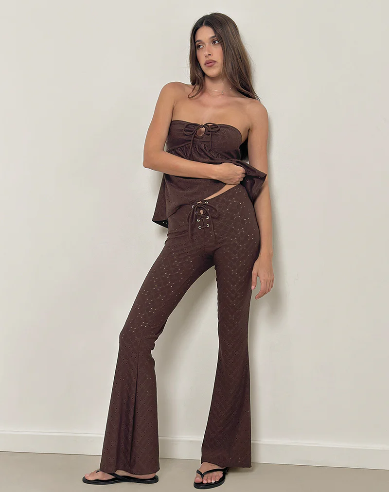 Dan Tie Front Flared Trousers in Broderie Brown