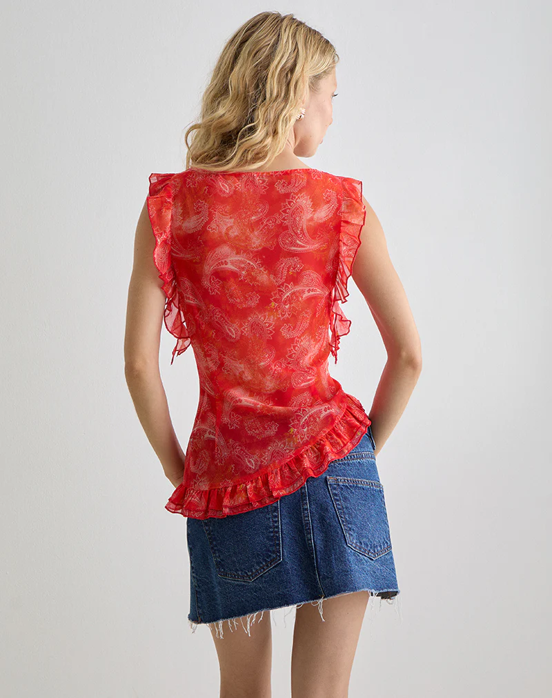 Iravela Asym Top in Paisley Chiffon Red