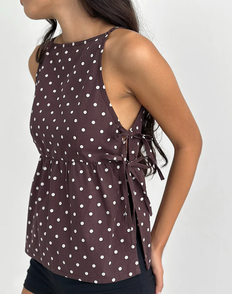 Palsi Tie Side Top in Brown with Medium Polka White