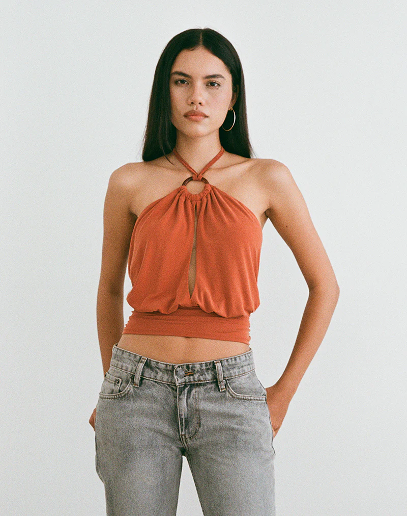 Karise Plunge Top in Cupro Burnt Orange