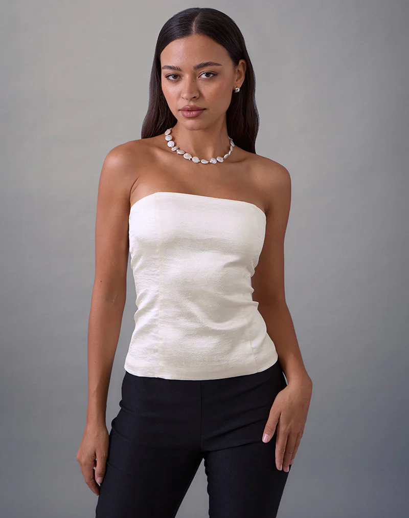 Ayaka Lace Up Corset Top in Satin Jacquard Ivory