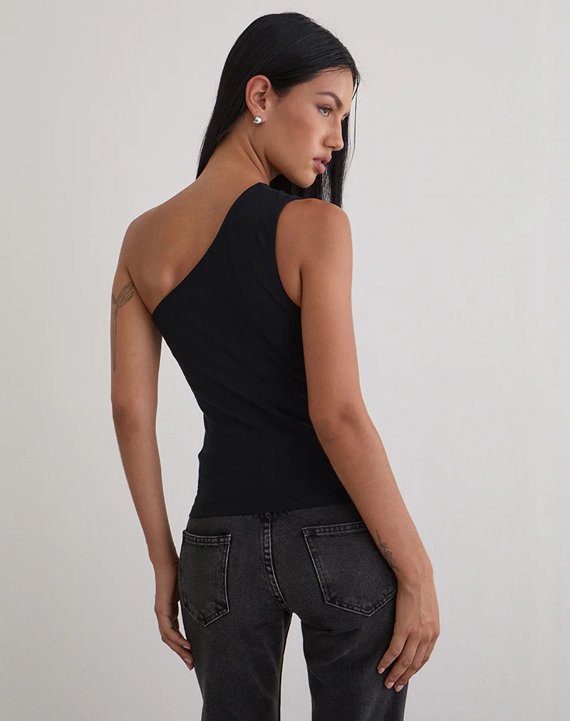 Chivago Cross Lace Up One Shoulder Top in Jersey Black