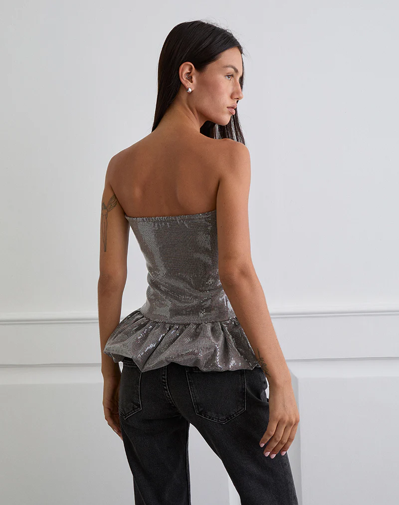 Seada Peplum Top in Sequin Check Brown