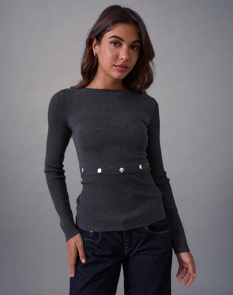 Josa Long Sleeve Knit Top in Dark Charcoal with Studs