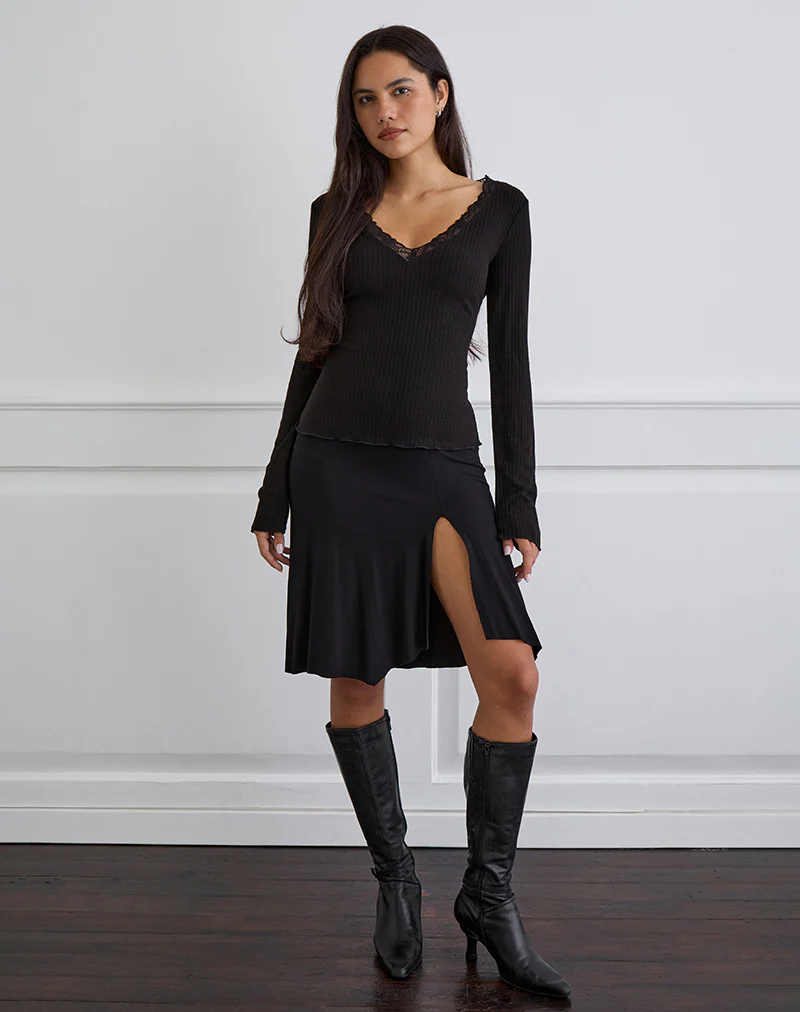 Maivi Long Sleeve Top in Black with Lace Trim