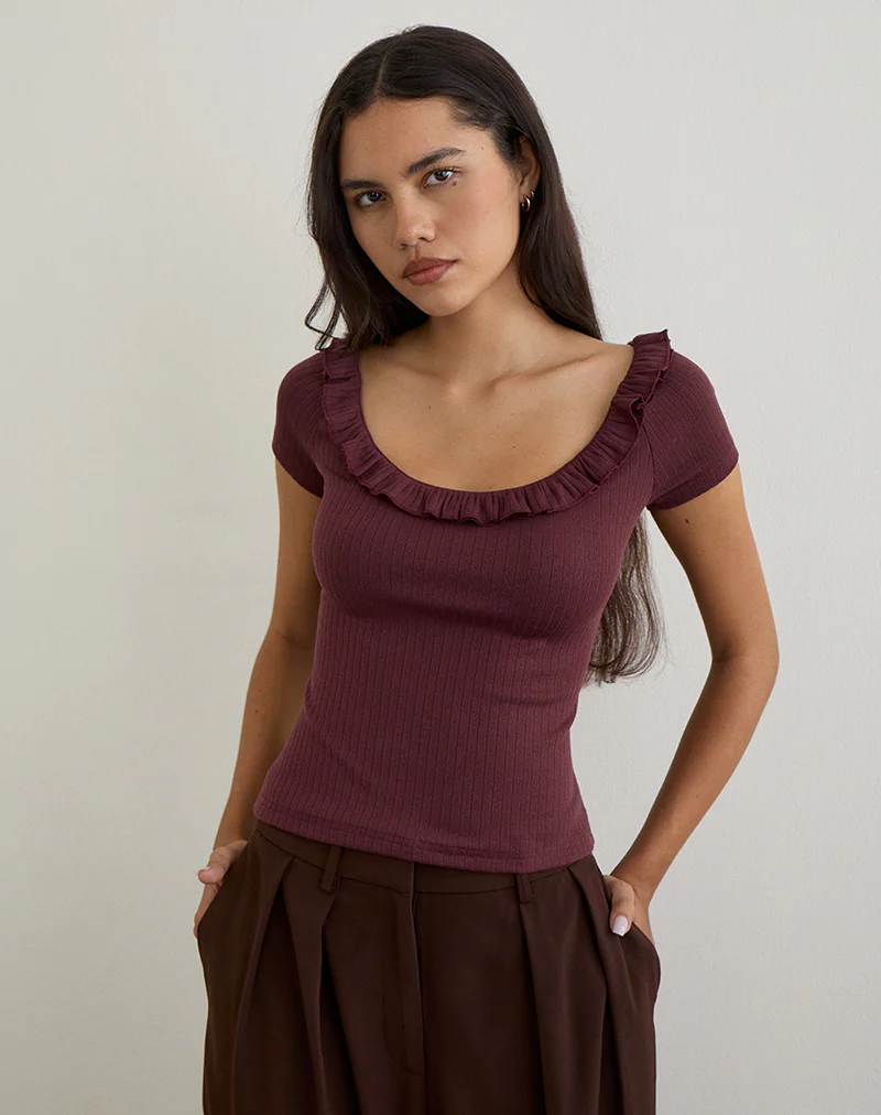 Mitali Top with Ruffle in Pointelle Burgundy