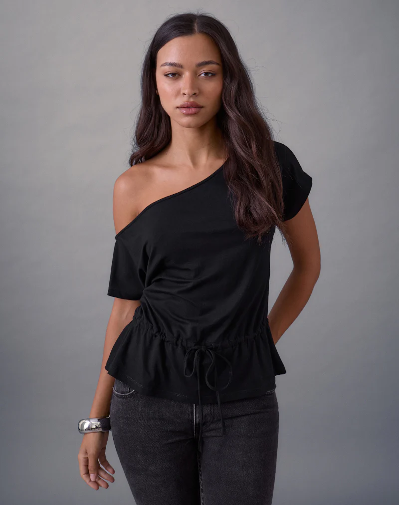 Sika One Shoulder Top in Black with Tie Belt