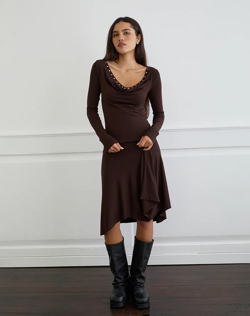 Scanio Long Sleeve Cowl Top with Studs in Bitter Chocolate