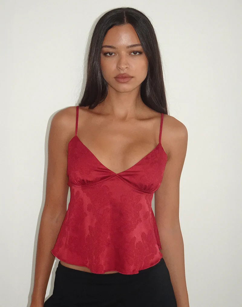Marinda Top in Satin Jacquard Burgundy