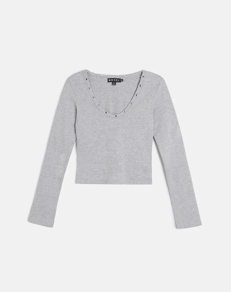 Myoga Studded Scoop Long Sleeve Top in Grey Marl