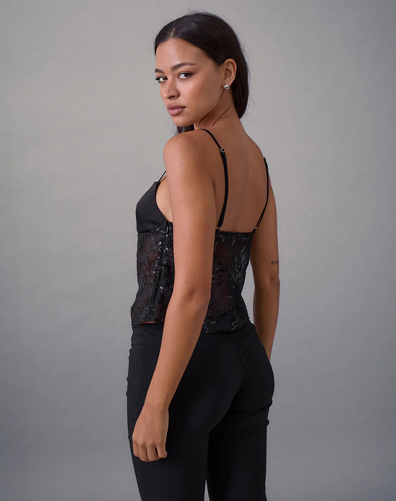 Rikasu Top in Floral Chiffon Sequin Black