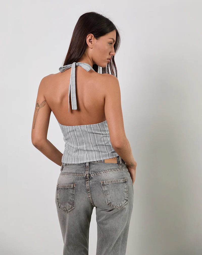 Miyuki Tie Front Halterneck Top in Woven Stripe Grey