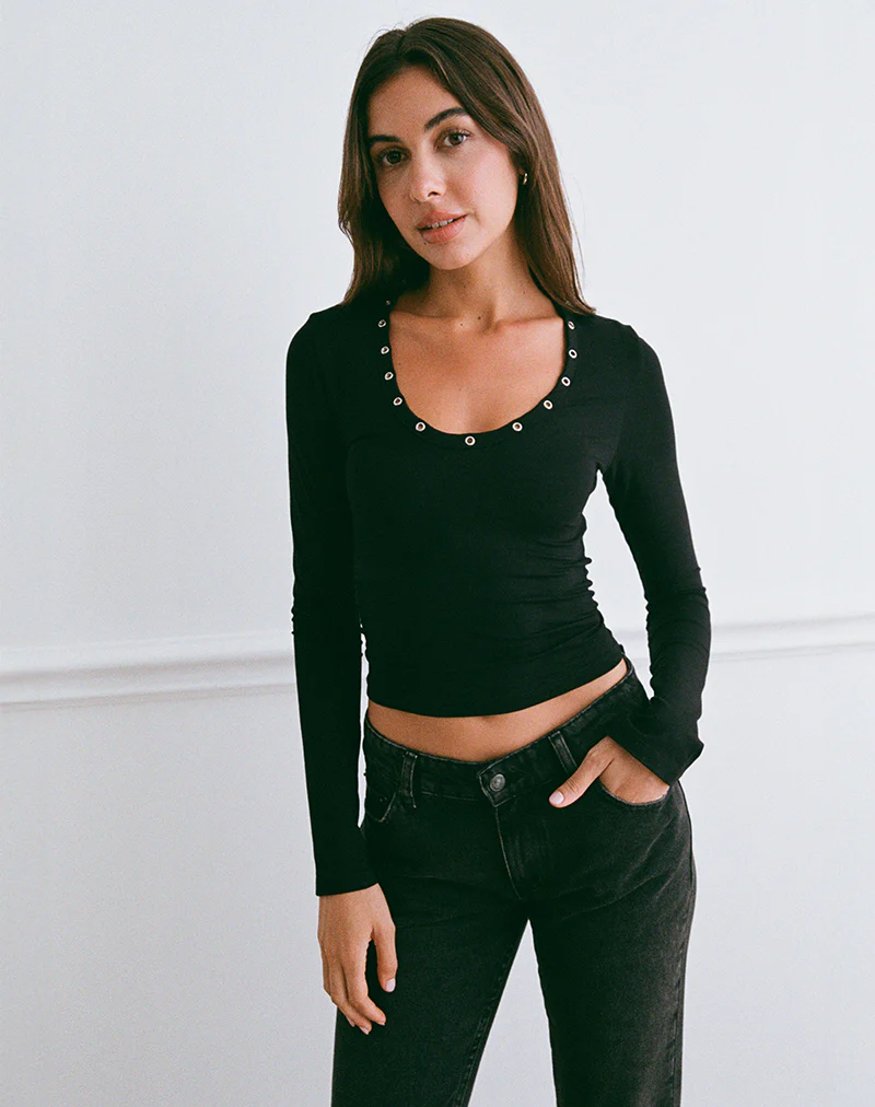 Myoga Studded Scoop Long Sleeve Top in Black