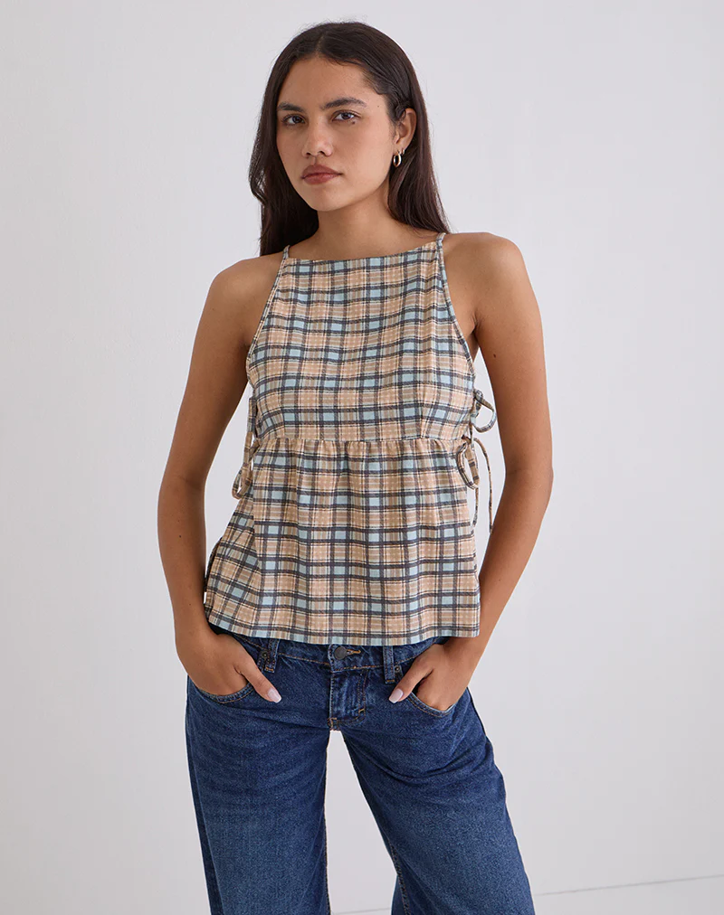Palsi Loose Sleeveless Top in Pastel Blue Tartan