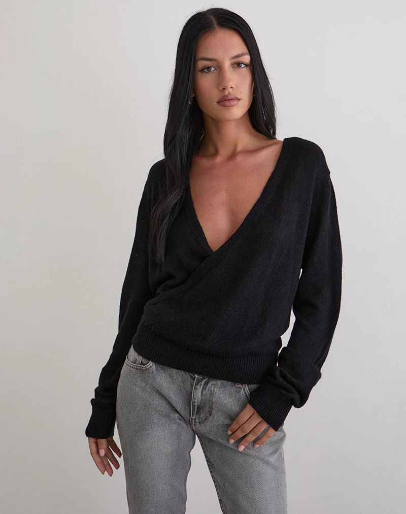 Saroya Plunge Wrap Top in Knit Black