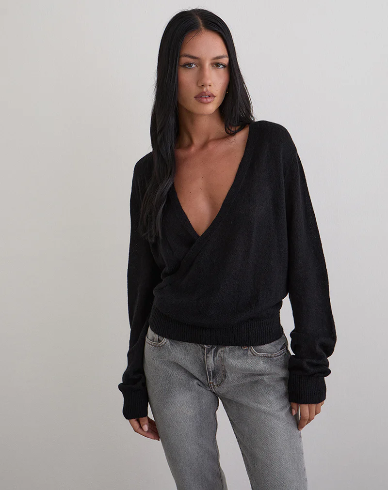 Saroya Plunge Wrap Top in Knit Black