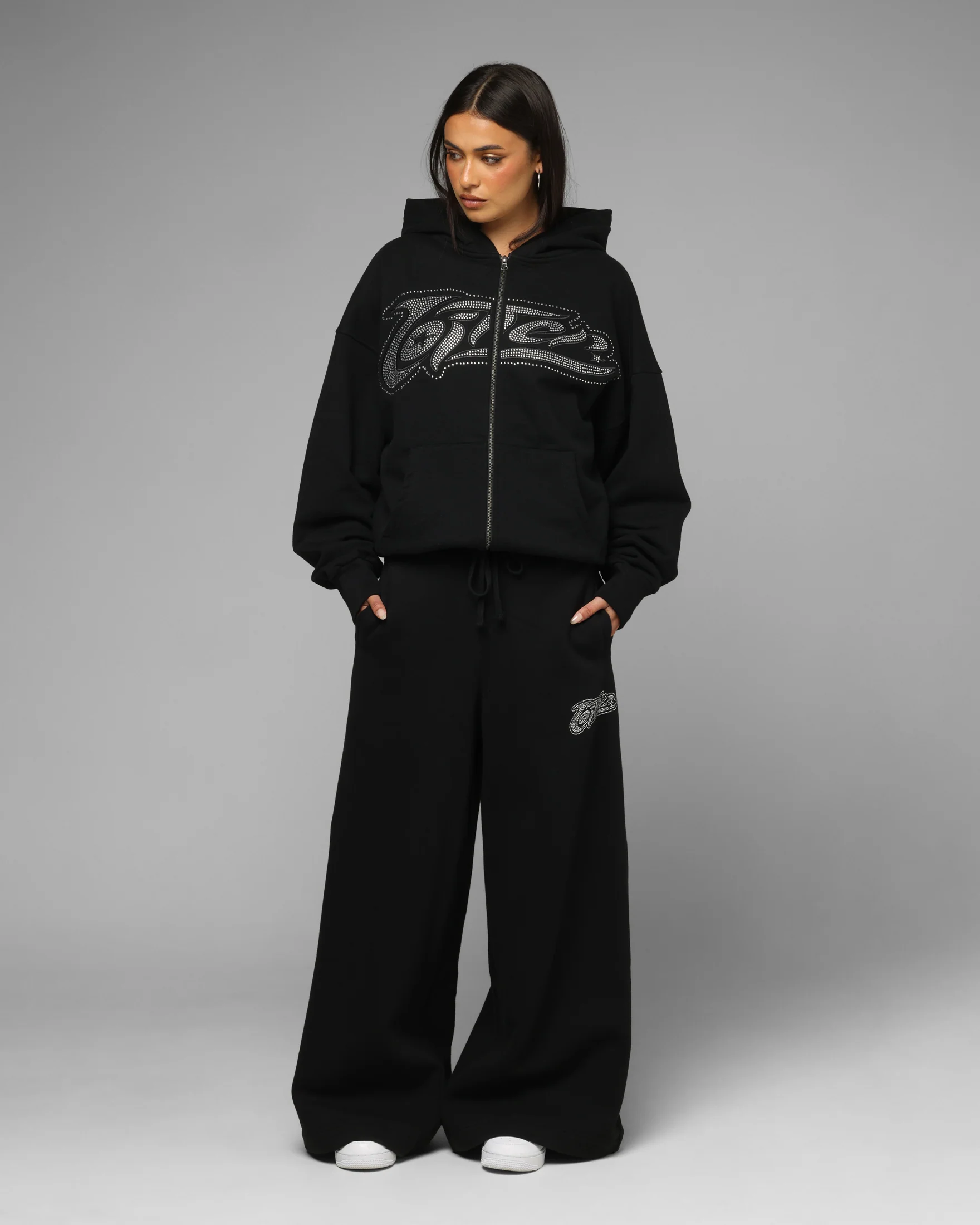 Loiter Silicone Rhinestone Zip Hoodie Black