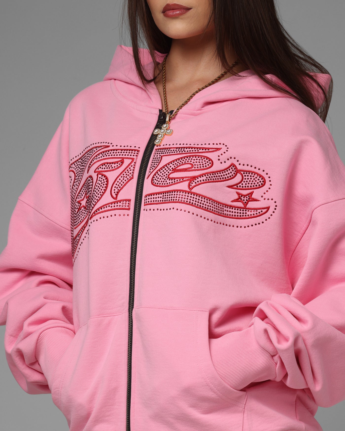 Loiter Silicone Rhinestone Zip Hoodie Pink