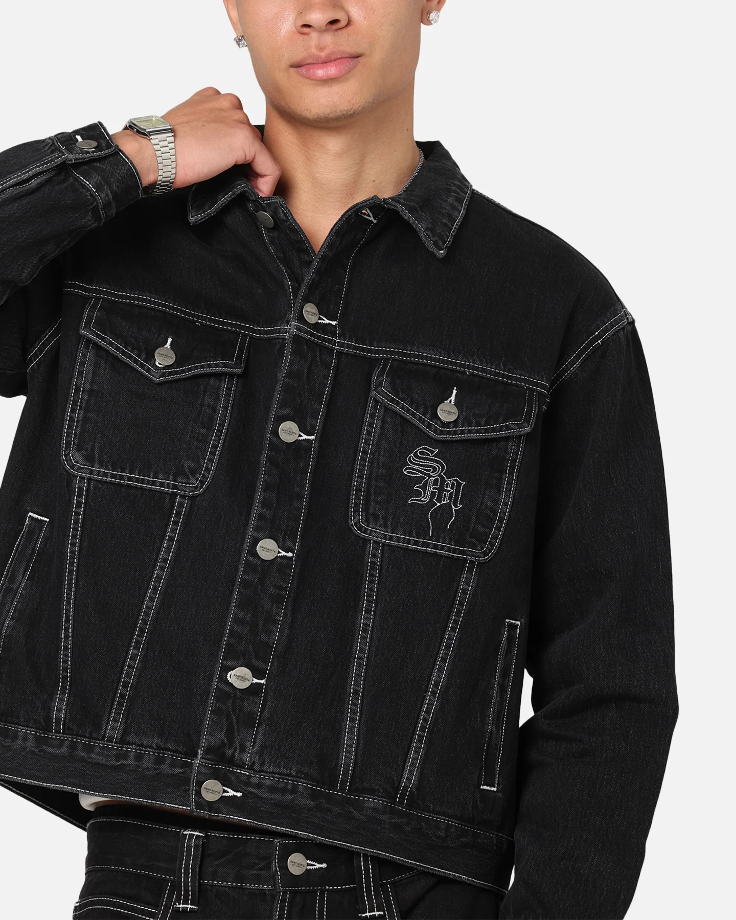 Saint Morta Fray Trucker Denim Jacket Contrast Black
