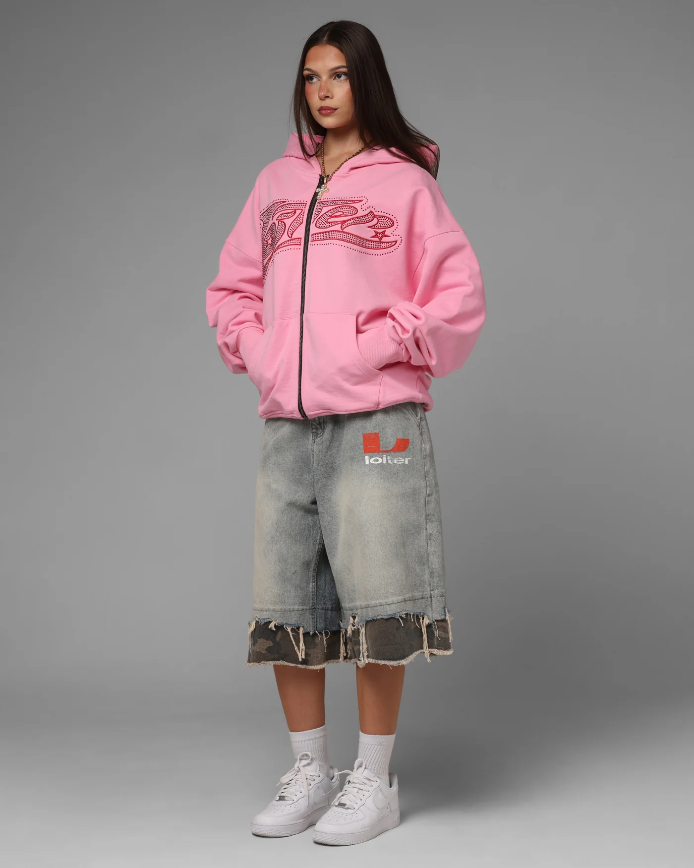 Loiter Silicone Rhinestone Zip Hoodie Pink