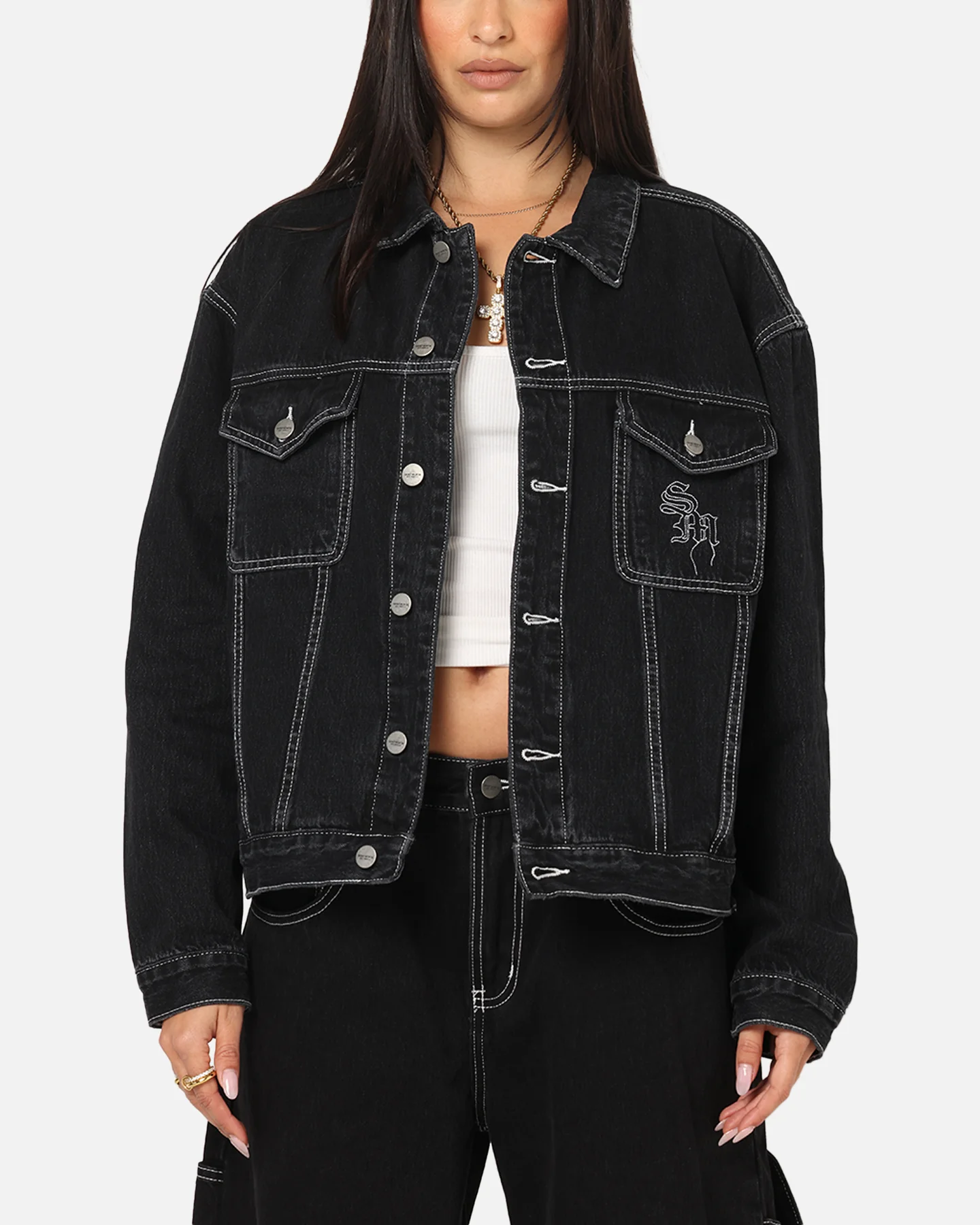 Saint Morta Fray Trucker Denim Jacket Contrast Black