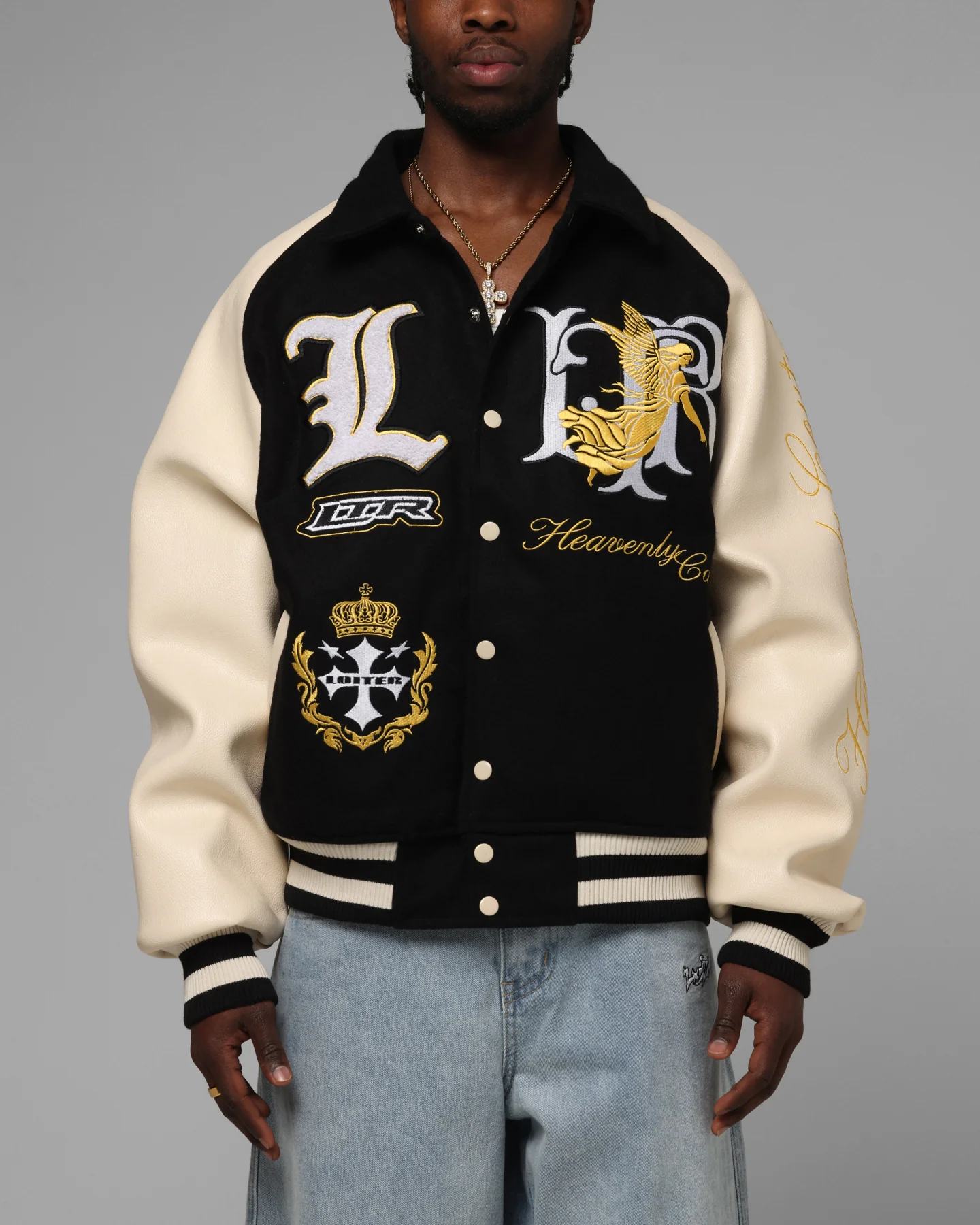 Loiter Heaven Varsity Jacket Black/Off White
