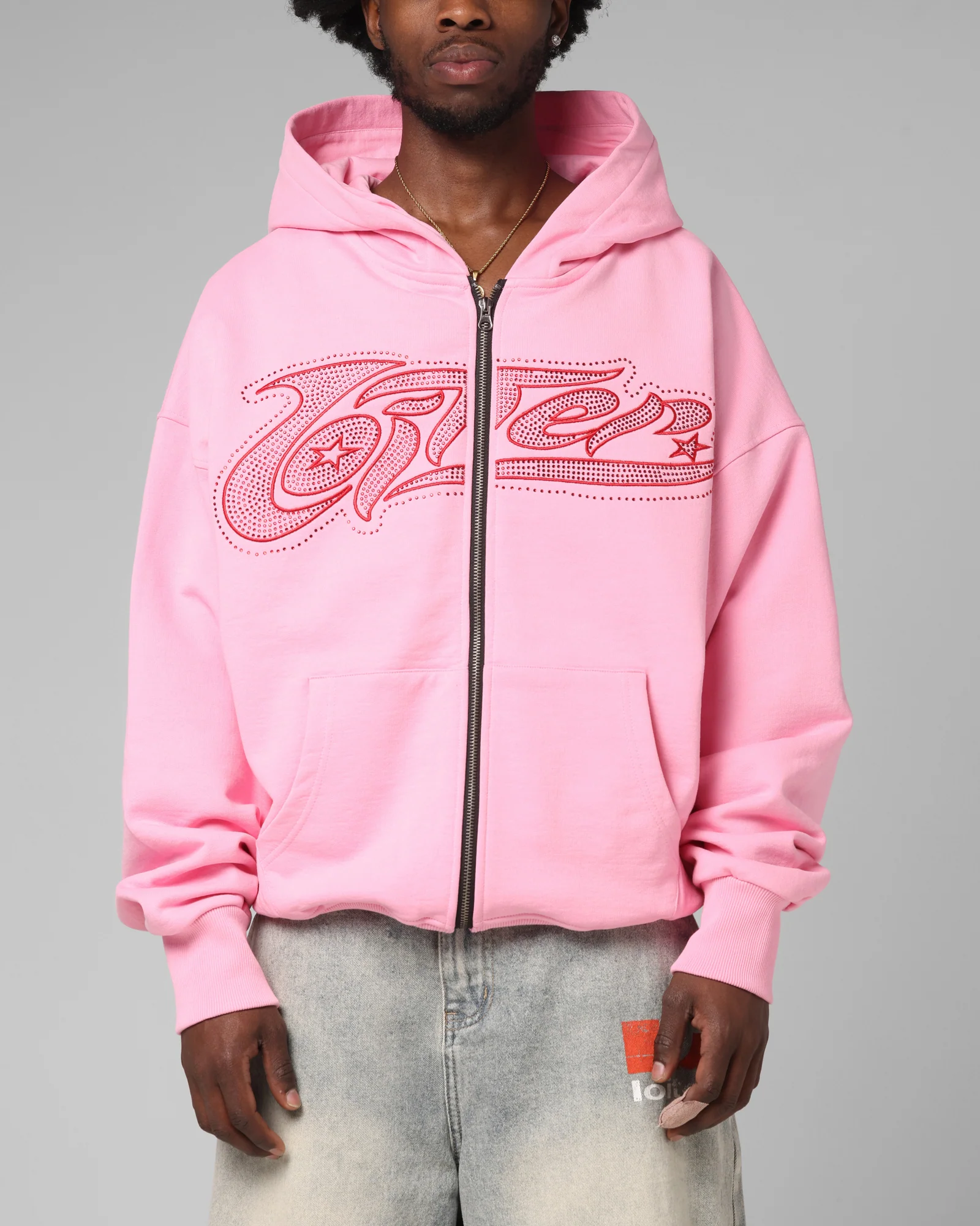 Loiter Silicone Rhinestone Zip Hoodie Pink