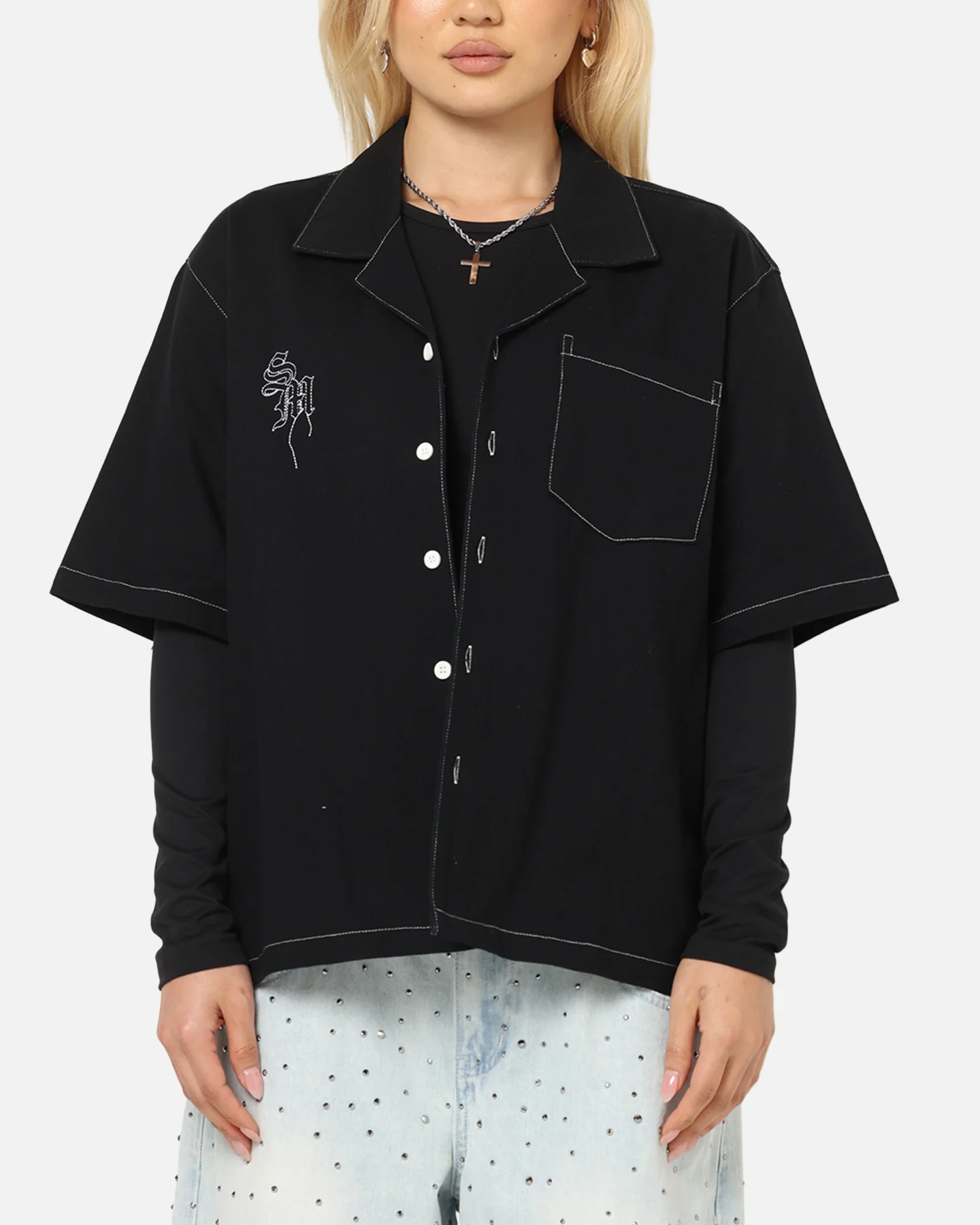 Saint Morta Fray Contrast Button Up Shirt Contrast Black