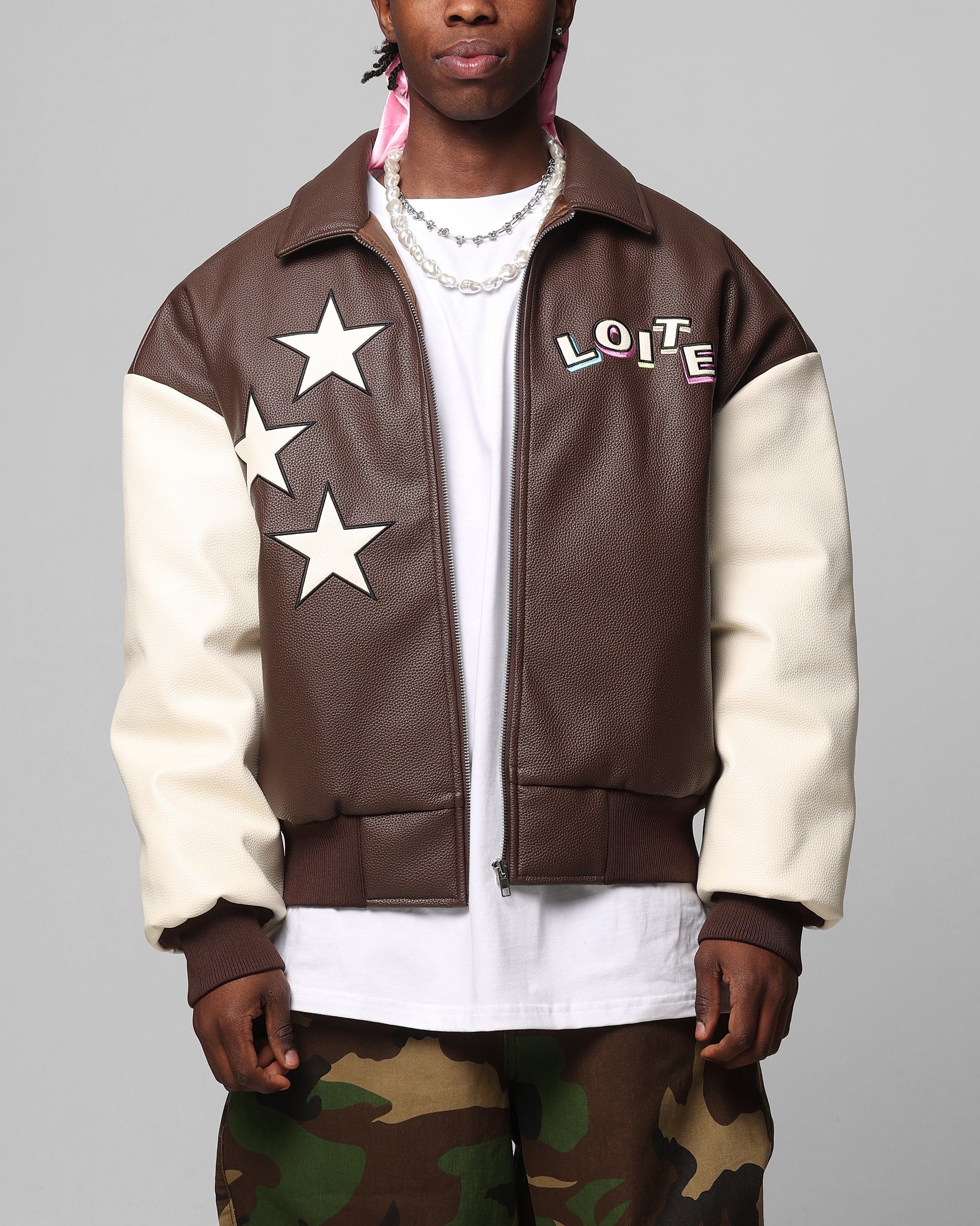 Loiter Solar Vegan Leather Varsity Jacket Brown/Beige