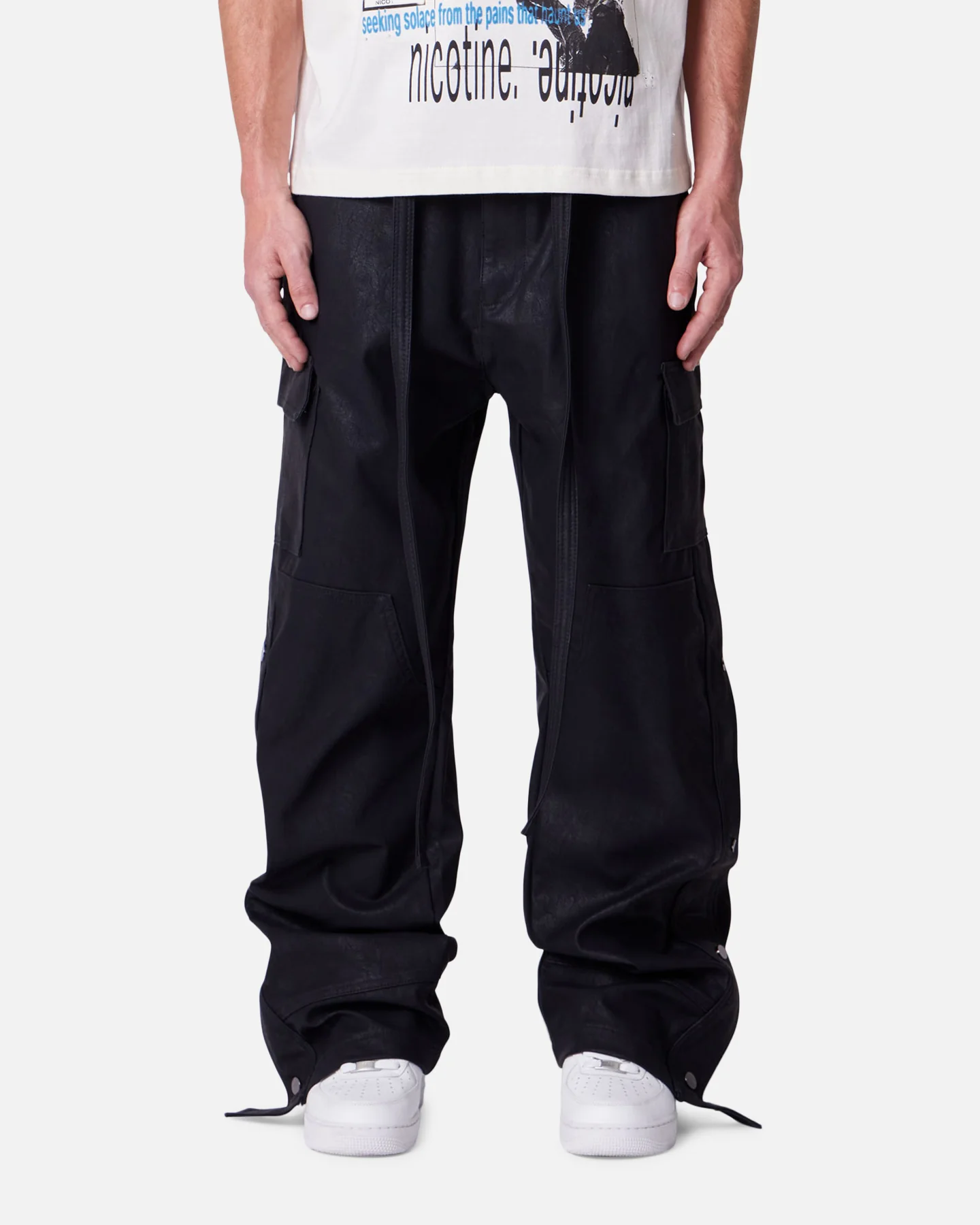 MNML Straight Leather Snap Zipper Cargo Pants Black