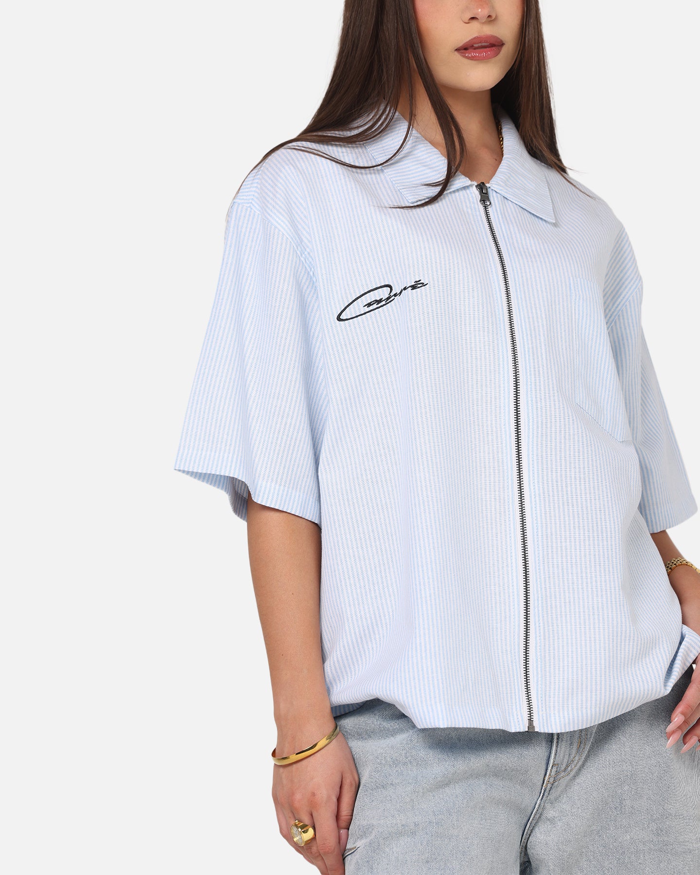 Carre Oxford Stripe Zip Up Shirt Blue/White Stripe