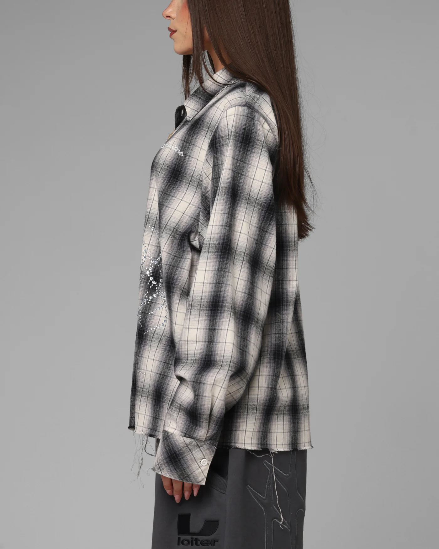 Loiter Heaven Distressed Flannel Button Up Shirt Black/White