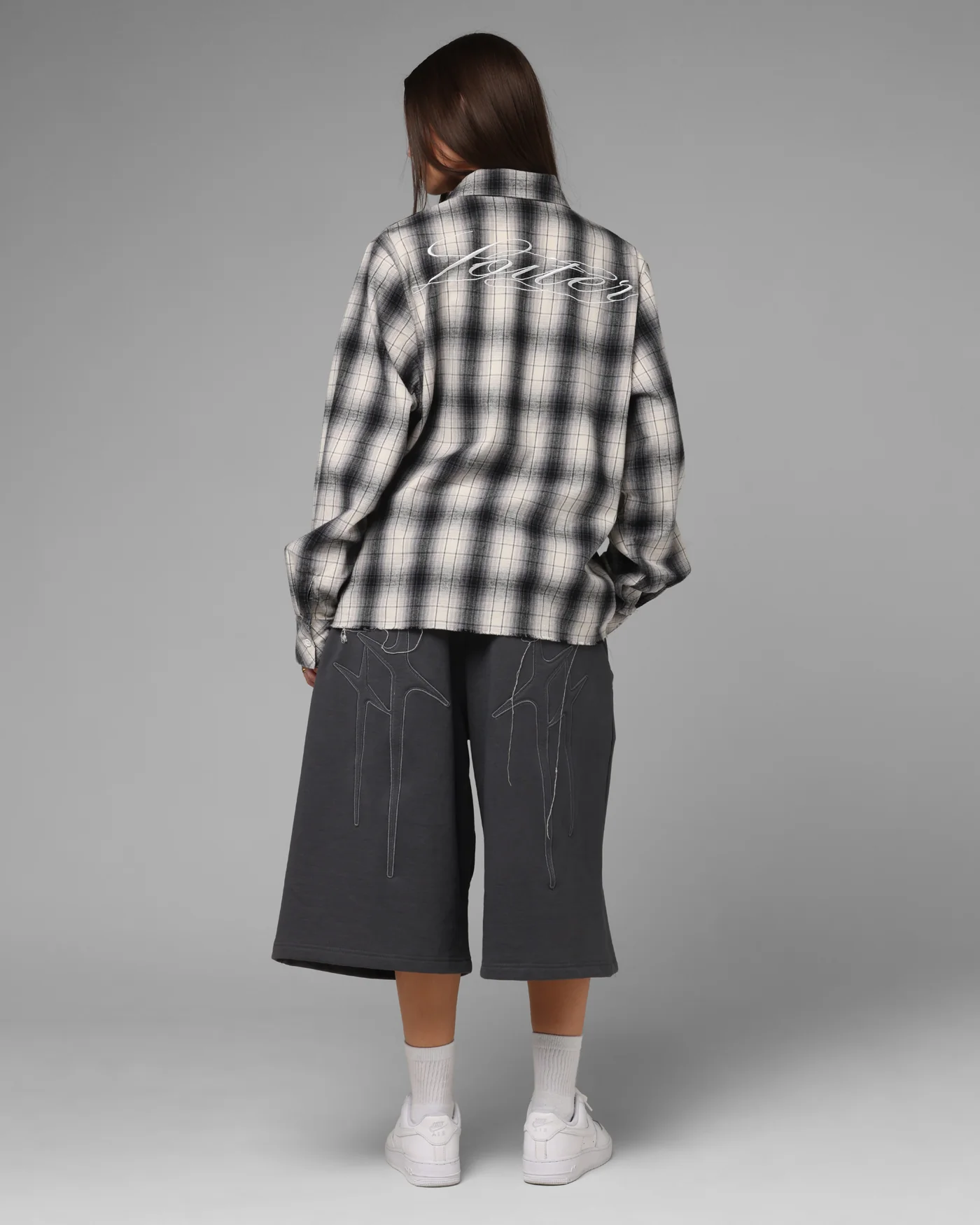 Loiter Heaven Distressed Flannel Button Up Shirt Black/White